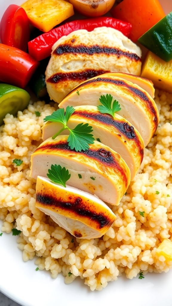 Grilled chicken breast on quinoa with parsley and roasted vegetables on a plate.